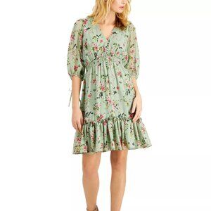 Taylor Maxi Dress Womens 4 Green Floral Print V-Neck Ruffle Hem Smocked Waist
